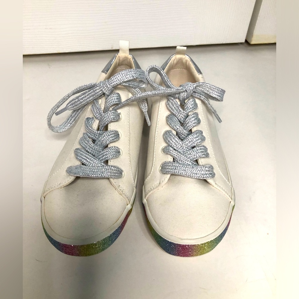 Gap‎ kids cream canvas shoes rainbow sparkly trim & silver laces size 4 sneakers